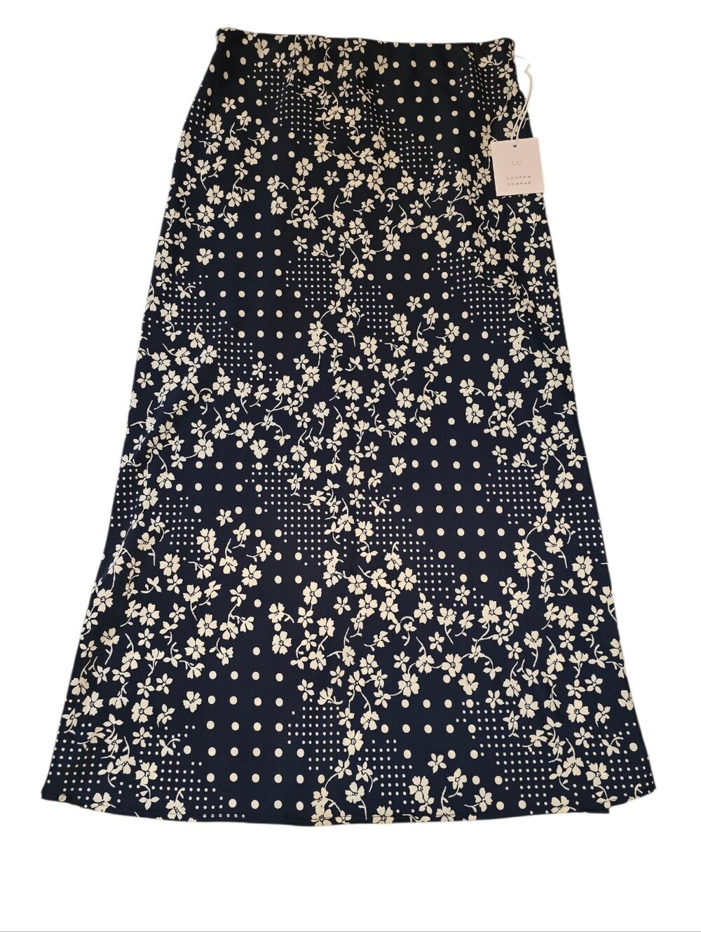 Lauren Conrad Navy Midi Skirt with Cream Floral & Dot Print